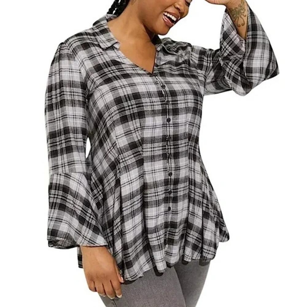 Torrid Black White Plaid Check Fit & Flare Softest Flannel Laced Top Women's 2X